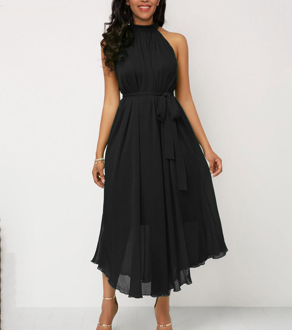 Irregular Halter Sleeveless Belted Prom Midi Dress
