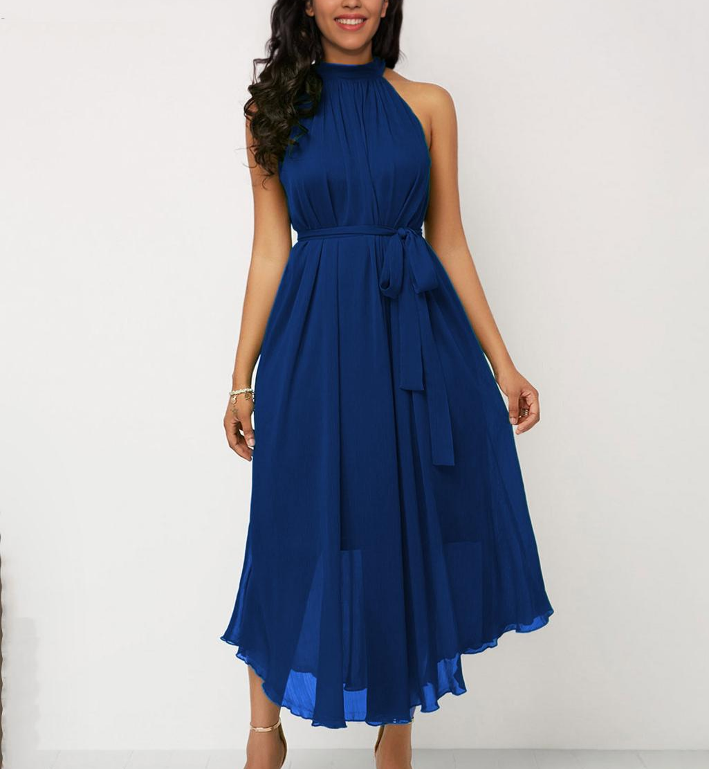 Irregular Halter Sleeveless Belted Prom Midi Dress