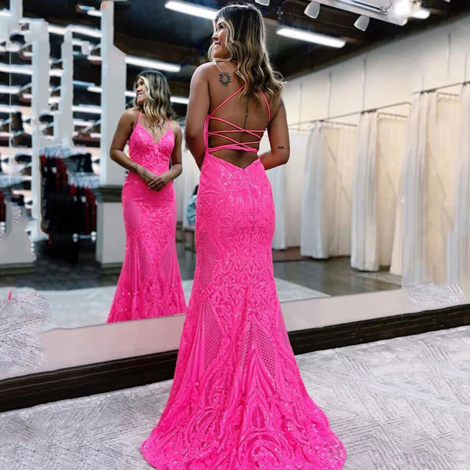 Deep V Neck Spaghetti Strap Sleeveless Brush Train Prom Dress