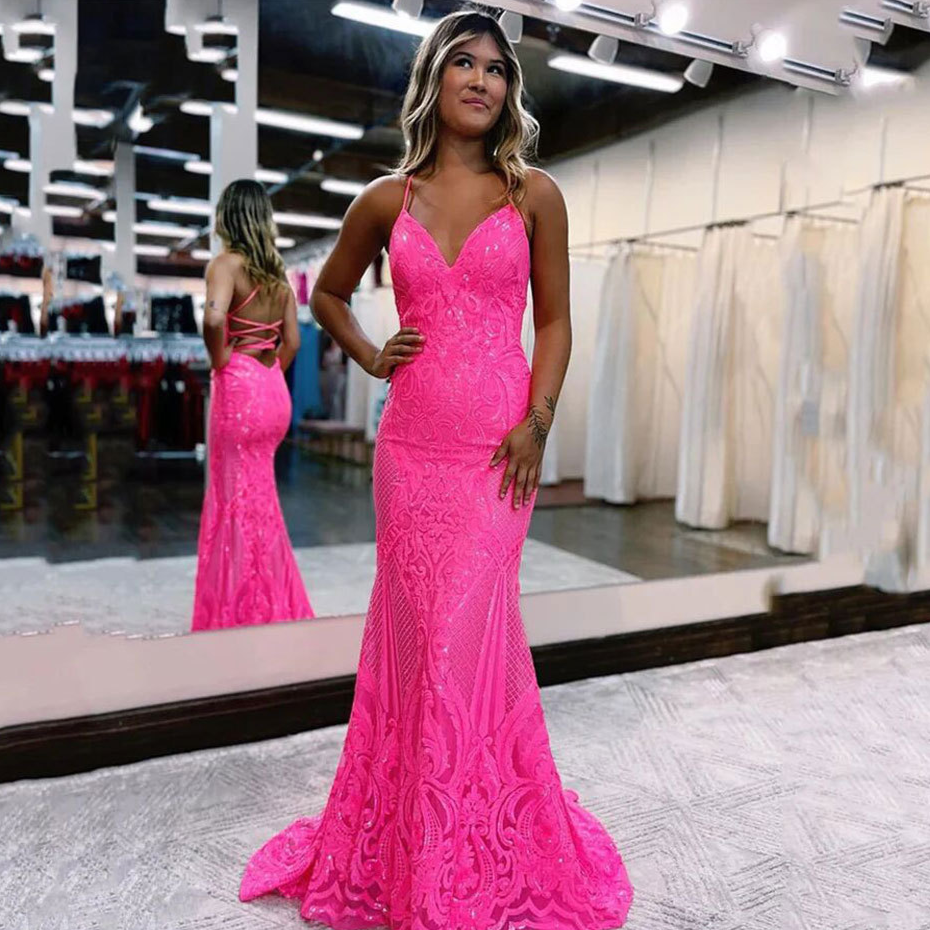 Deep V Neck Spaghetti Strap Sleeveless Brush Train Prom Dress