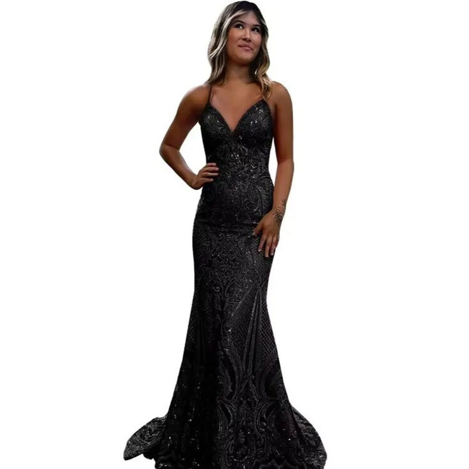 Deep V Neck Spaghetti Strap Sleeveless Brush Train Prom Dress