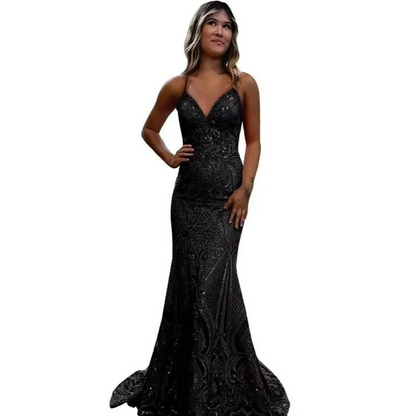 Deep V Neck Spaghetti Strap Sleeveless Brush Train Prom Dress