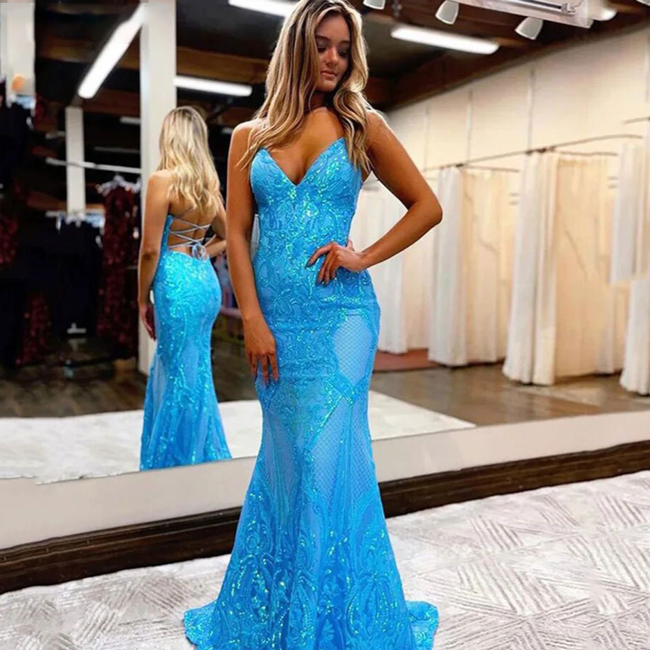 Deep V Neck Spaghetti Strap Sleeveless Brush Train Prom Dress