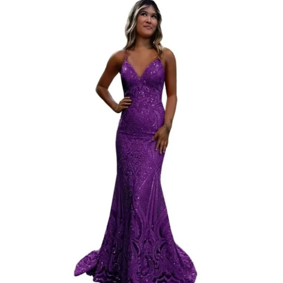 Deep V Neck Spaghetti Strap Sleeveless Brush Train Prom Dress