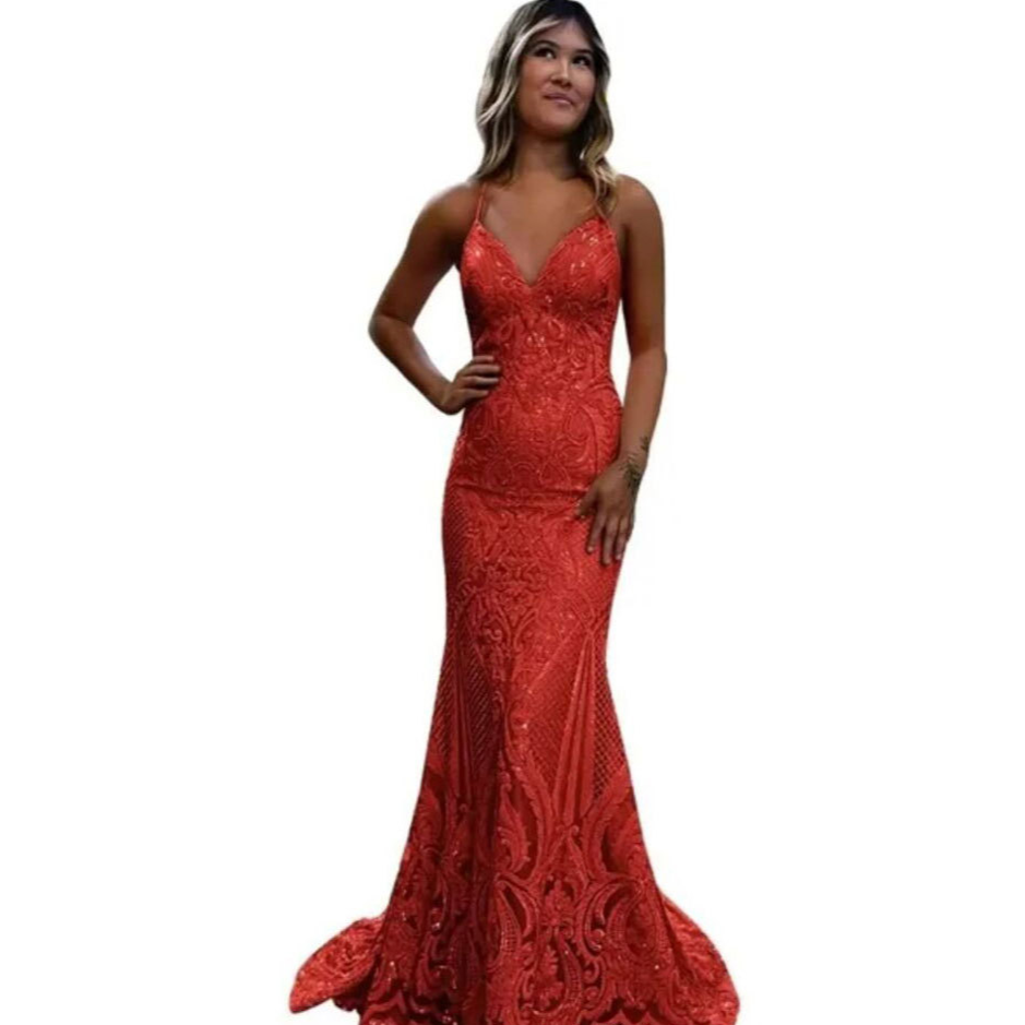 Deep V Neck Spaghetti Strap Sleeveless Brush Train Prom Dress