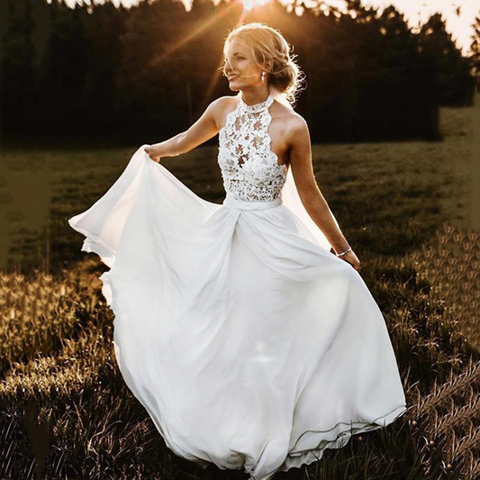 Boho A-Line High Neck Floor-Length Chiffon Wedding Dress