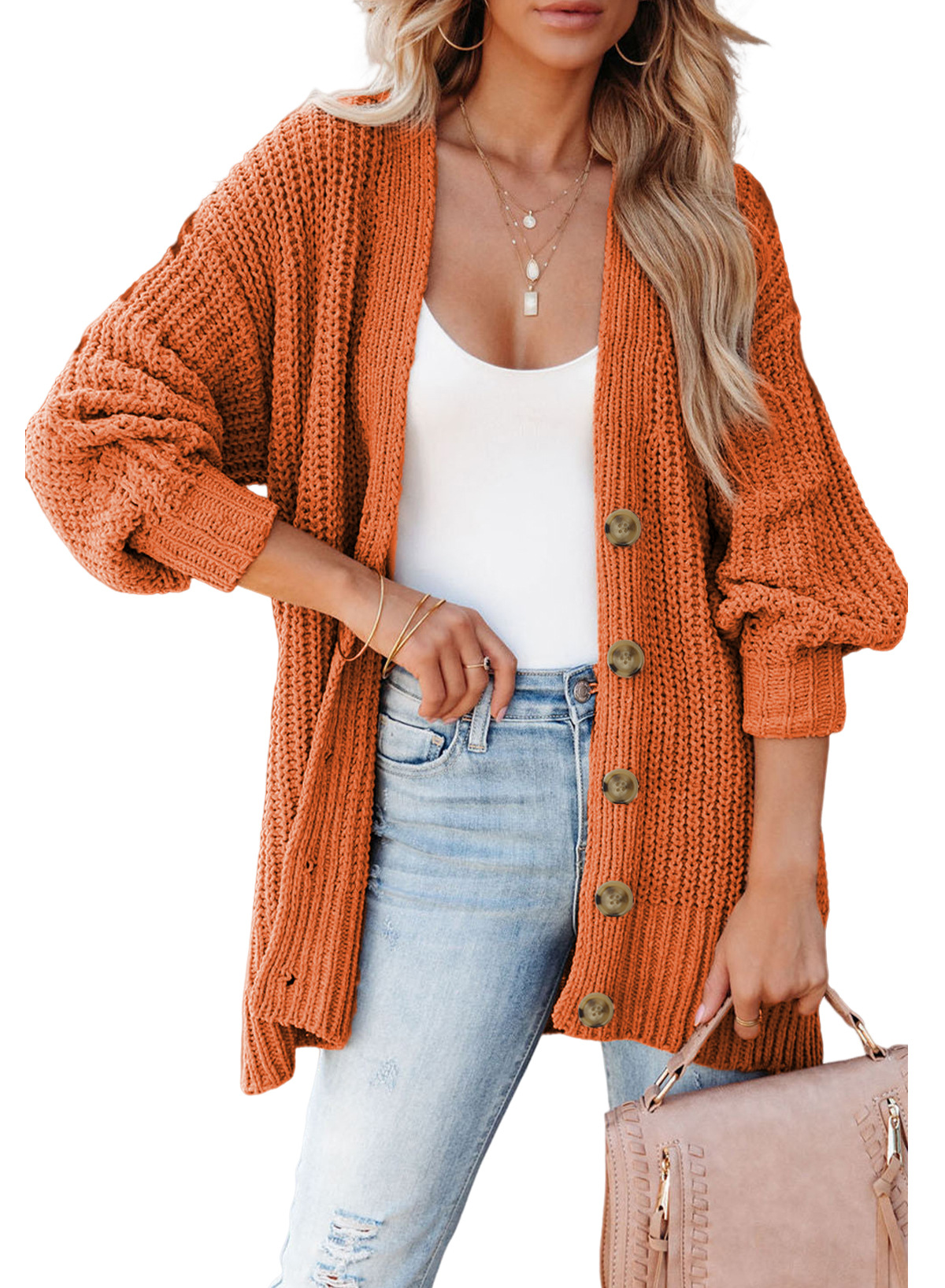 Long Sleeve Cable Knit Button Front Sweater
