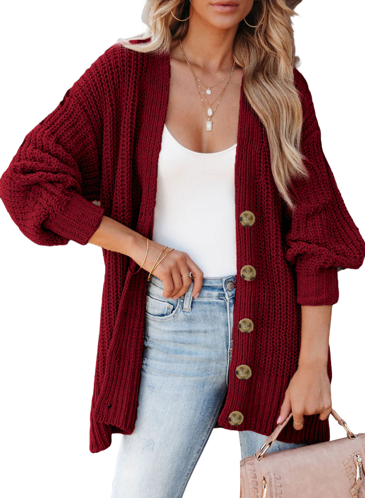 Long Sleeve Cable Knit Button Front Sweater