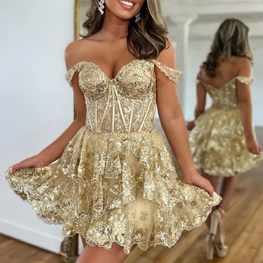 Golden A Line Off the Shoulder Corset Homecoming Dress with Ruffles