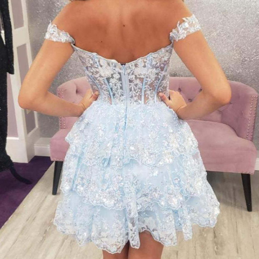 Light Blue A Line Off the Shoulder Corset Homecoming Dress with Ruffles