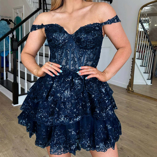 Navy A Line Off the Shoulder Corset Homecoming Dress with Ruffles