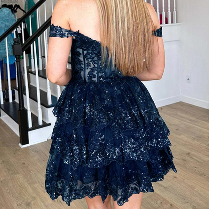 Navy A Line Off the Shoulder Corset Homecoming Dress with Ruffles