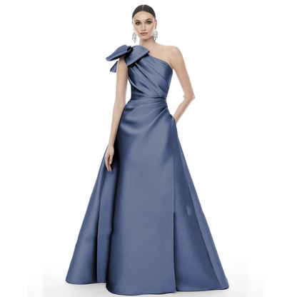 One-Shoulder Satin Evening Dresses With Bow