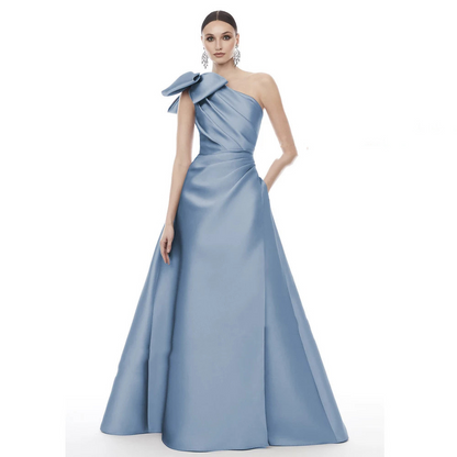 One-Shoulder Satin Evening Dresses With Bow