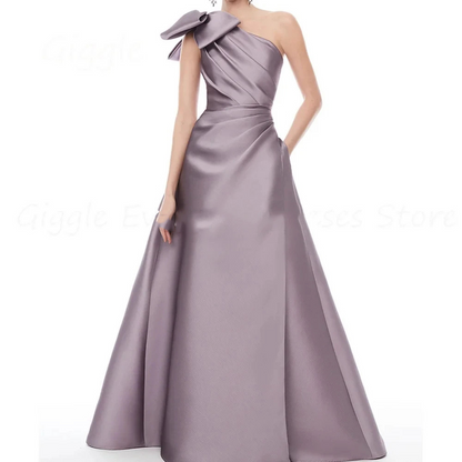 One-Shoulder Satin Evening Dresses With Bow