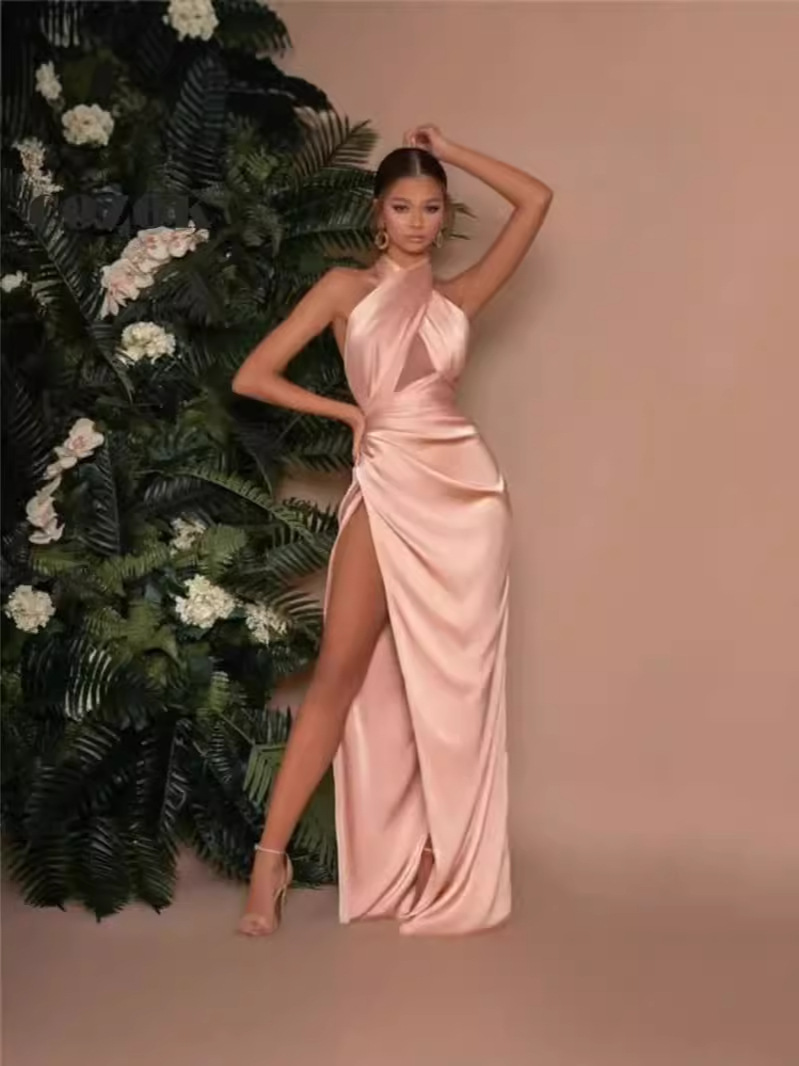 Halter Neck Sleeveless High Slit Evening Dress