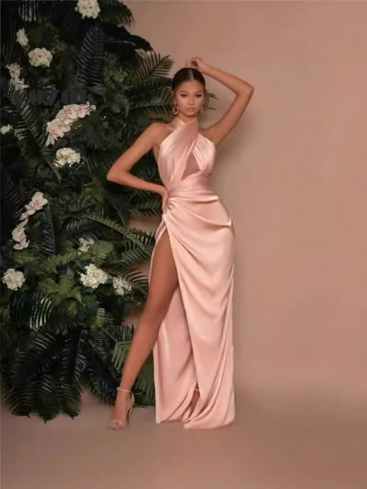 Halter Neck Sleeveless High Slit Evening Dress