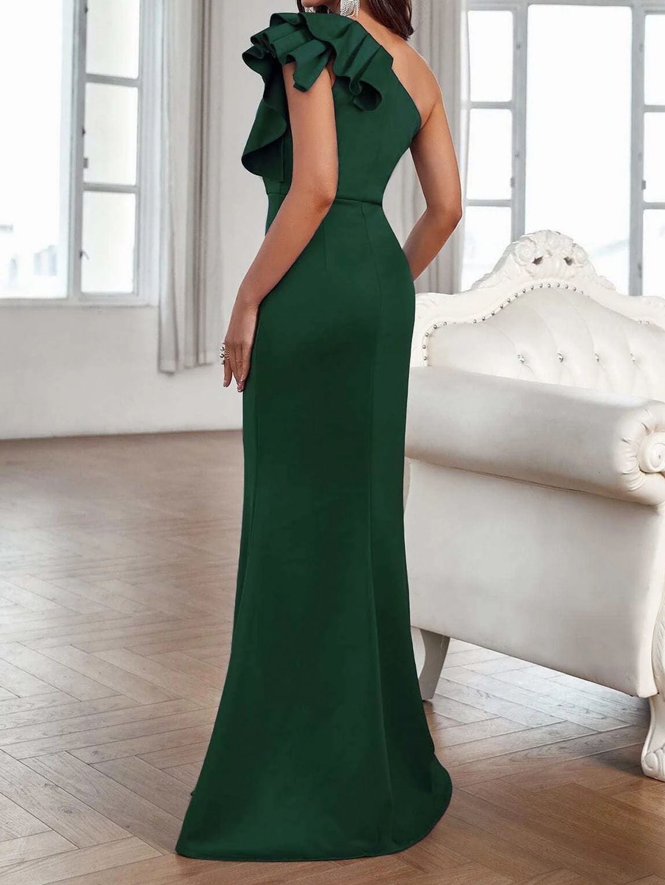 One-Shoulder A-Line Ruffle Evening Dress