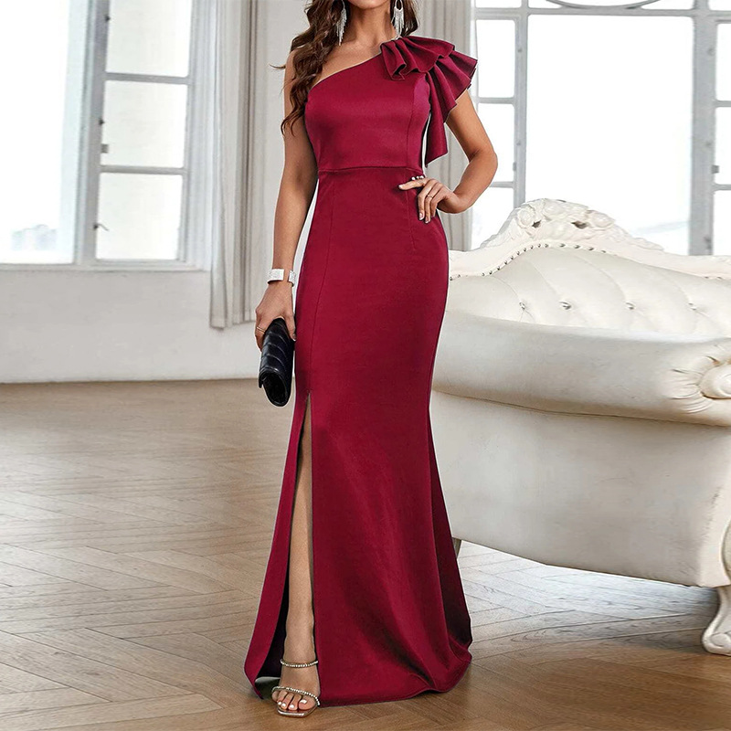One-Shoulder A-Line Ruffle Evening Dress