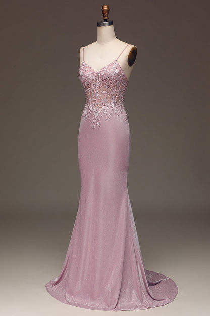 Pink Mermaid Spaghetti Straps Long Prom Dress