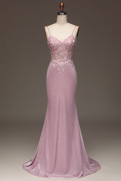 Pink Mermaid Spaghetti Straps Long Prom Dress