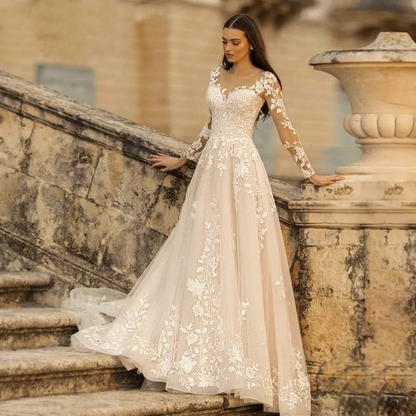A-Line V-Neck Long Sleeves Wedding Dress