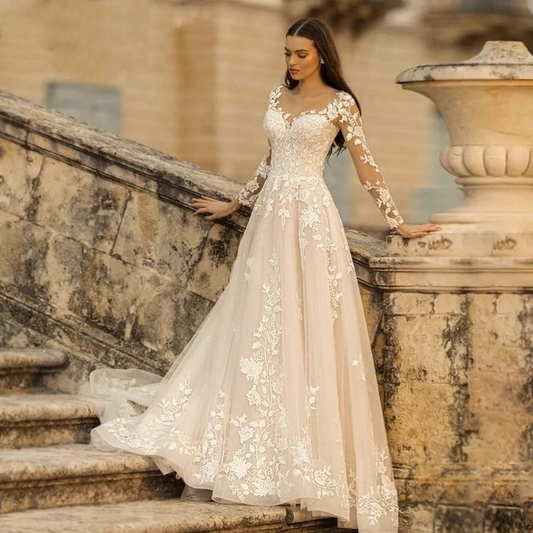 A-Line V-Neck Long Sleeves Wedding Dress