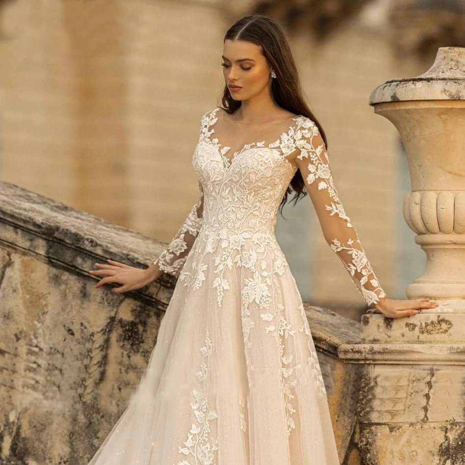 A-Line V-Neck Long Sleeves Wedding Dress