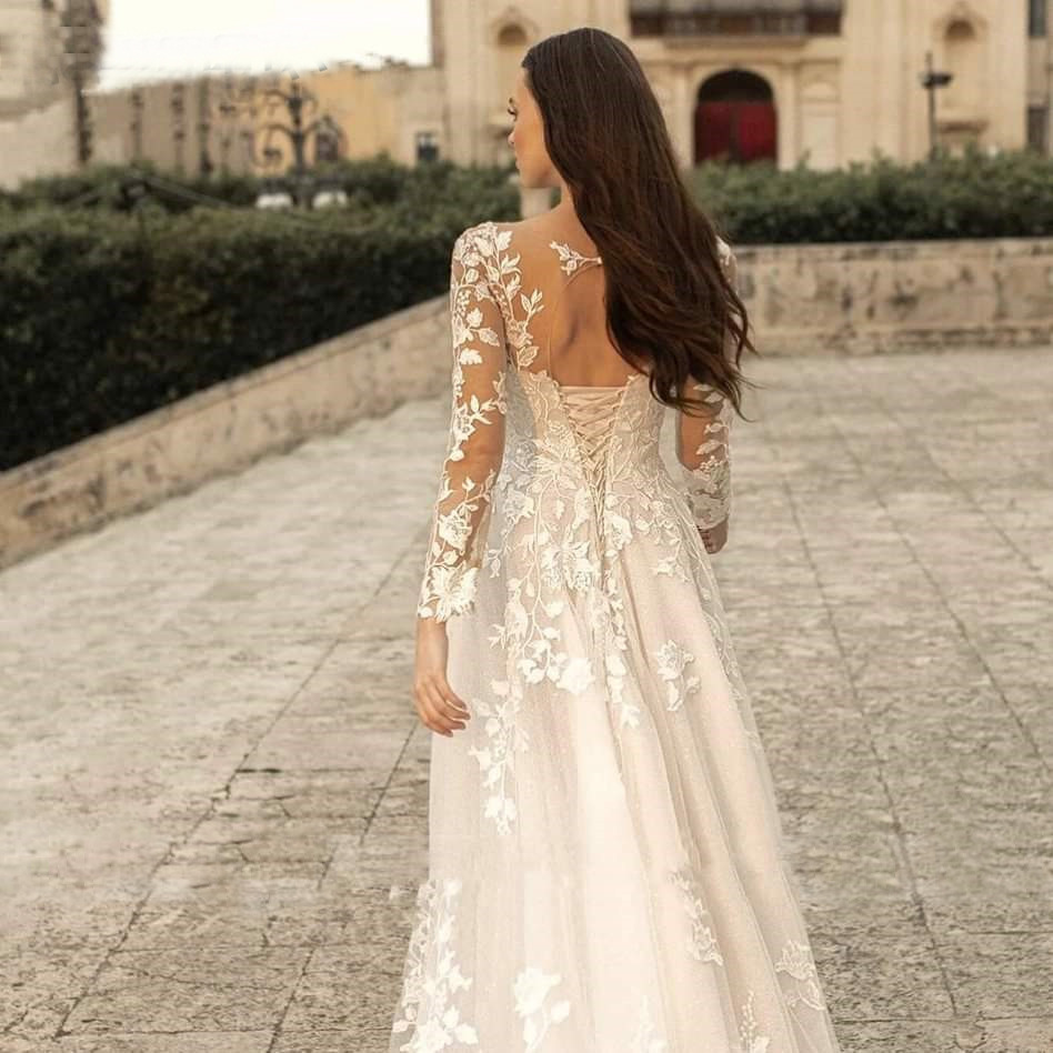 A-Line V-Neck Long Sleeves Wedding Dress