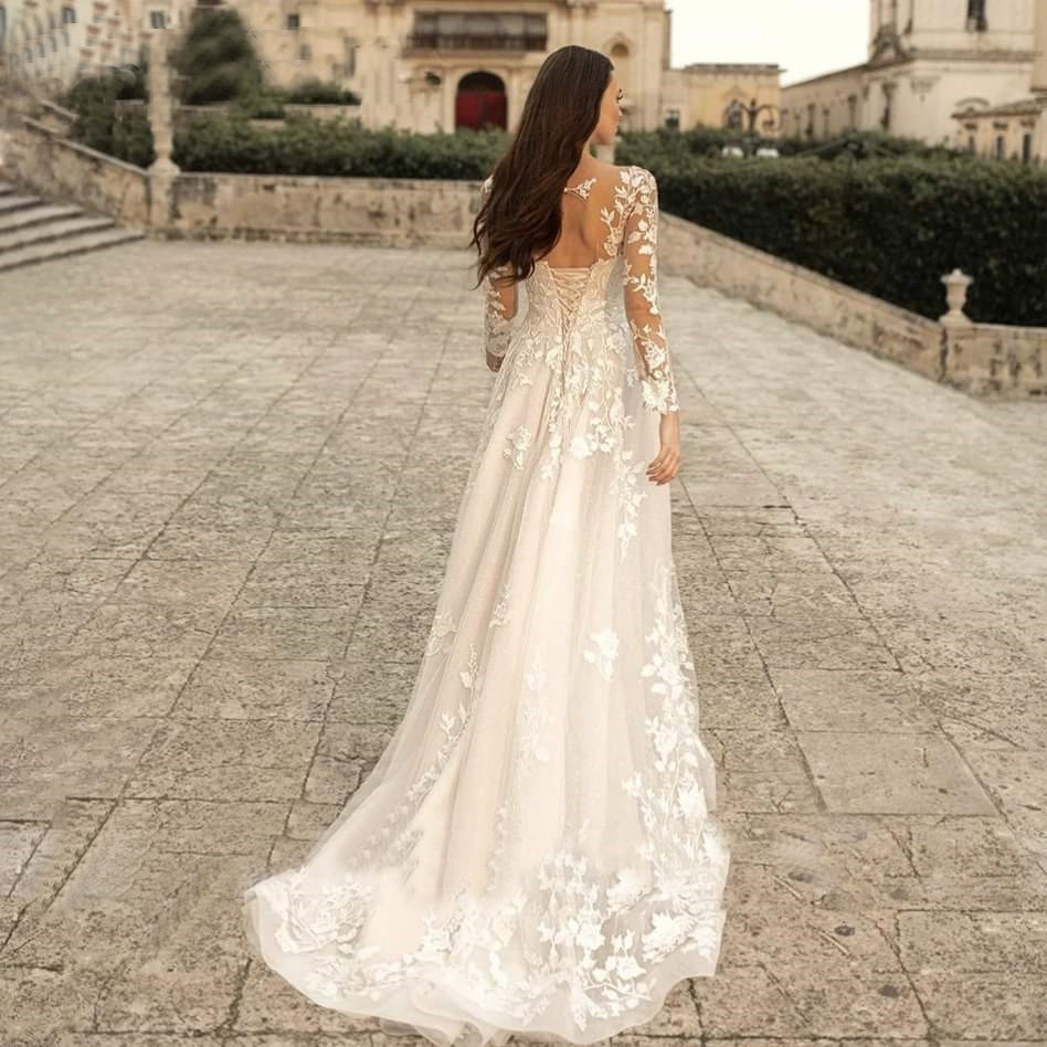 A-Line V-Neck Long Sleeves Wedding Dress