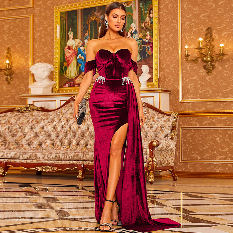 Off Shoulder High Split Velvet Dress