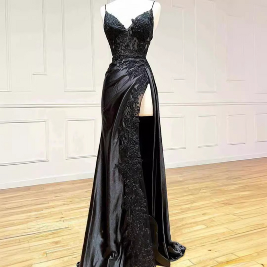 Column Silk Applique V-neck Sleeveless Brush Train Dress