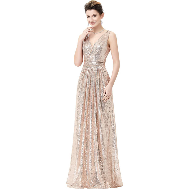 A-line V-neck Sequined Backless Bridesmaid Dress
