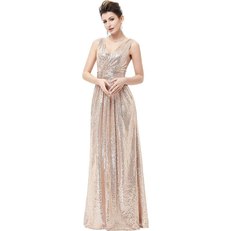A-line V-neck Sequined Backless Bridesmaid Dress