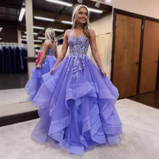 Square Neck Tulle Ruffle Prom Dresses With Appliques