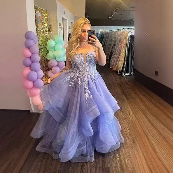 Square Neck Tulle Ruffle Prom Dresses With Appliques