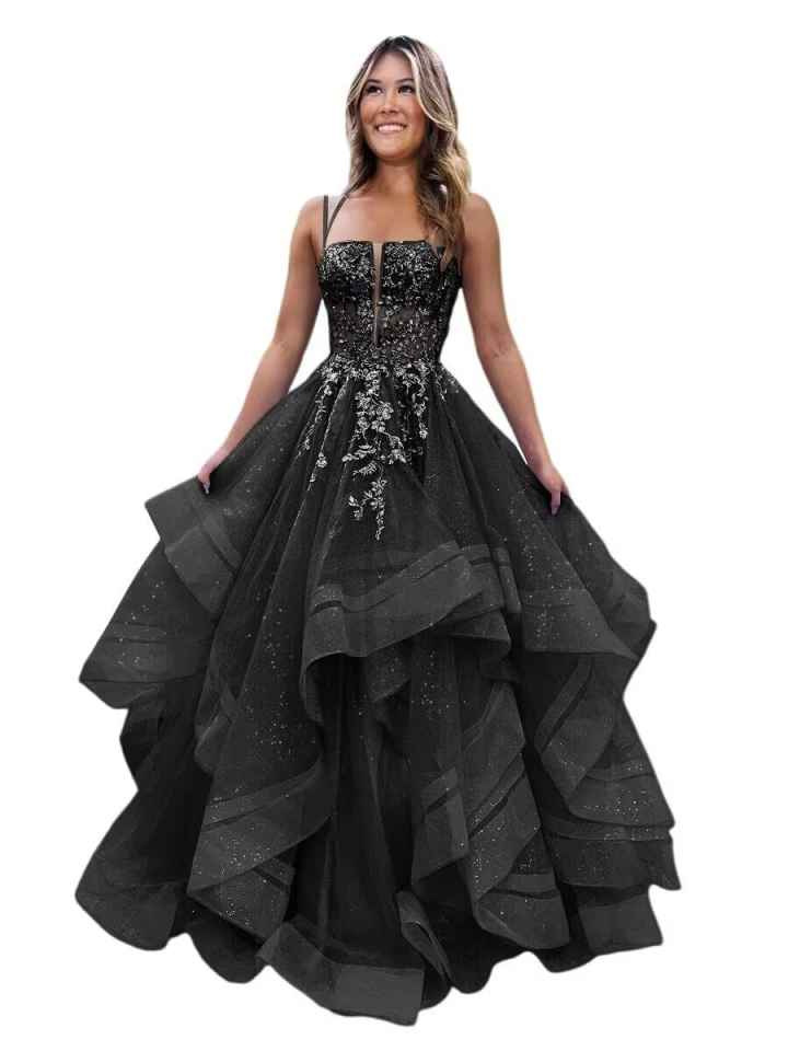 Square Neck Tulle Ruffle Prom Dresses With Appliques