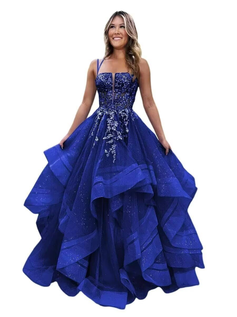 Square Neck Tulle Ruffle Prom Dresses With Appliques