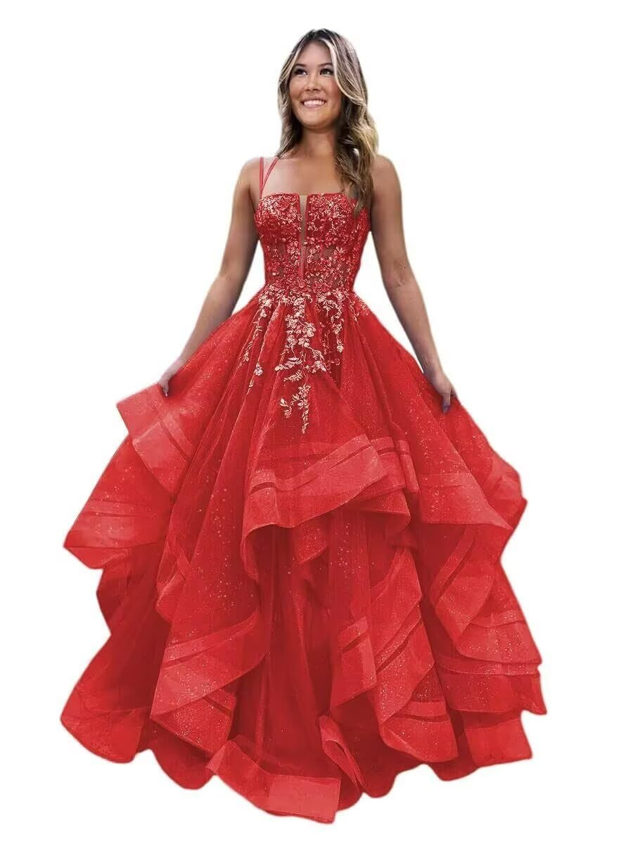Square Neck Tulle Ruffle Prom Dresses With Appliques