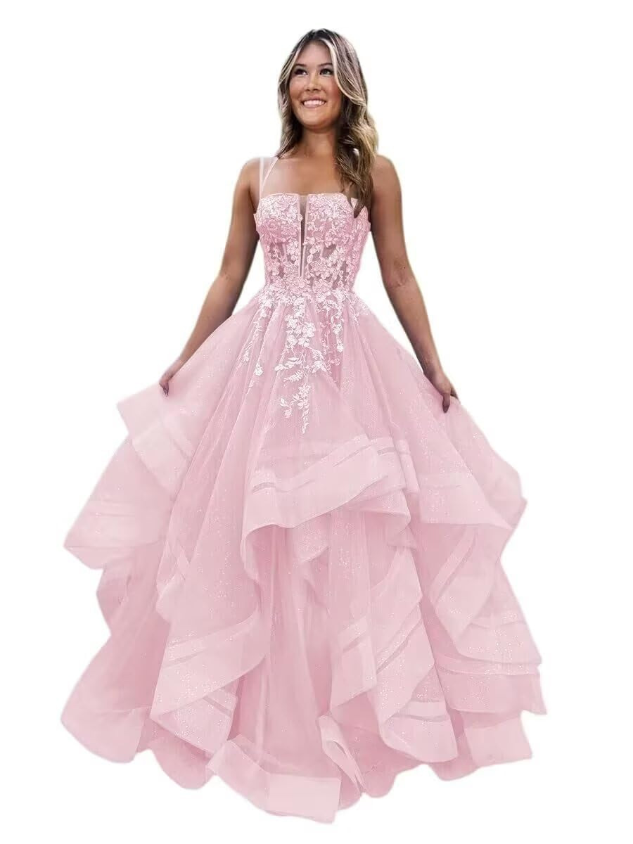 Square Neck Tulle Ruffle Prom Dresses With Appliques