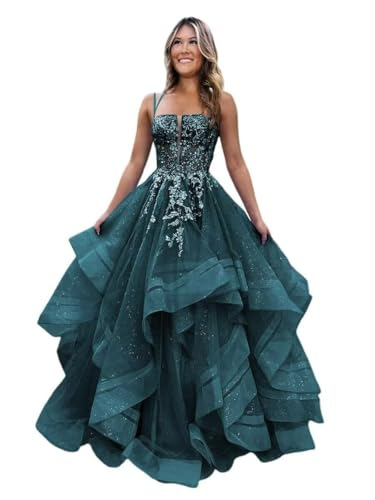 Square Neck Tulle Ruffle Prom Dresses With Appliques