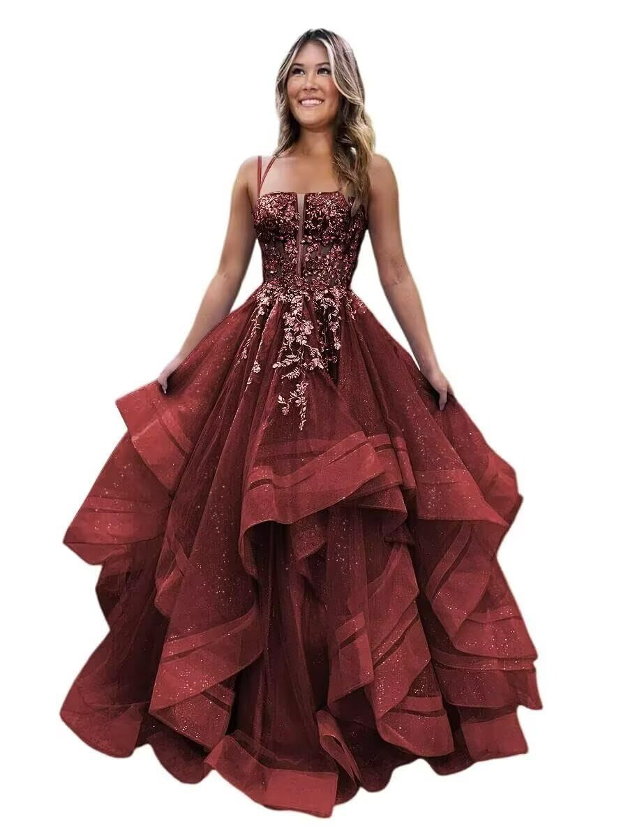 Square Neck Tulle Ruffle Prom Dresses With Appliques