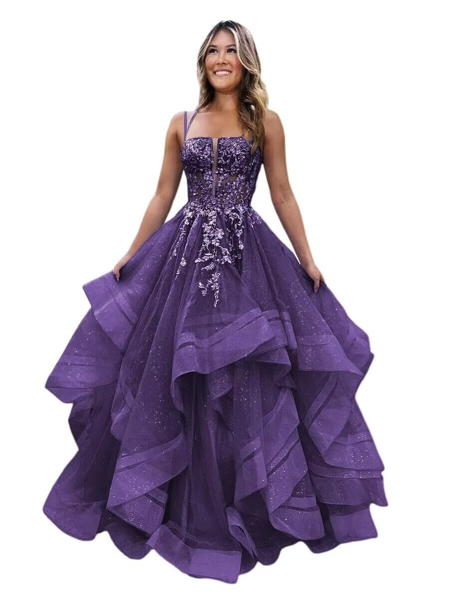 Square Neck Tulle Ruffle Prom Dresses With Appliques