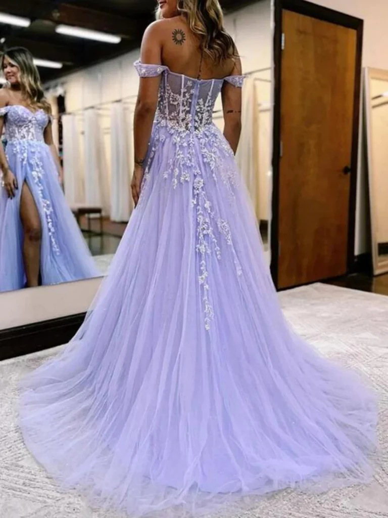 Off-the-shoulder Tulle Prom Dresses With Appliques