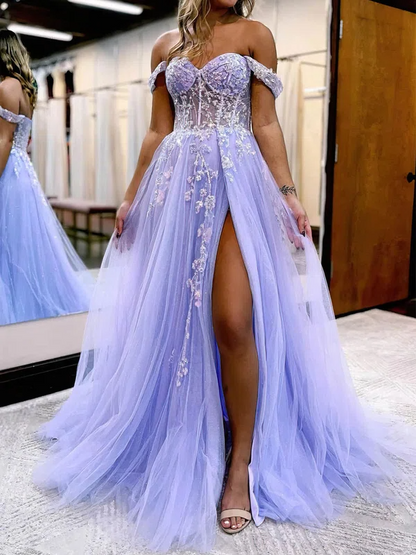 Off-the-shoulder Tulle Prom Dresses With Appliques