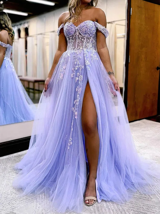 Off-the-shoulder Tulle Prom Dresses With Appliques