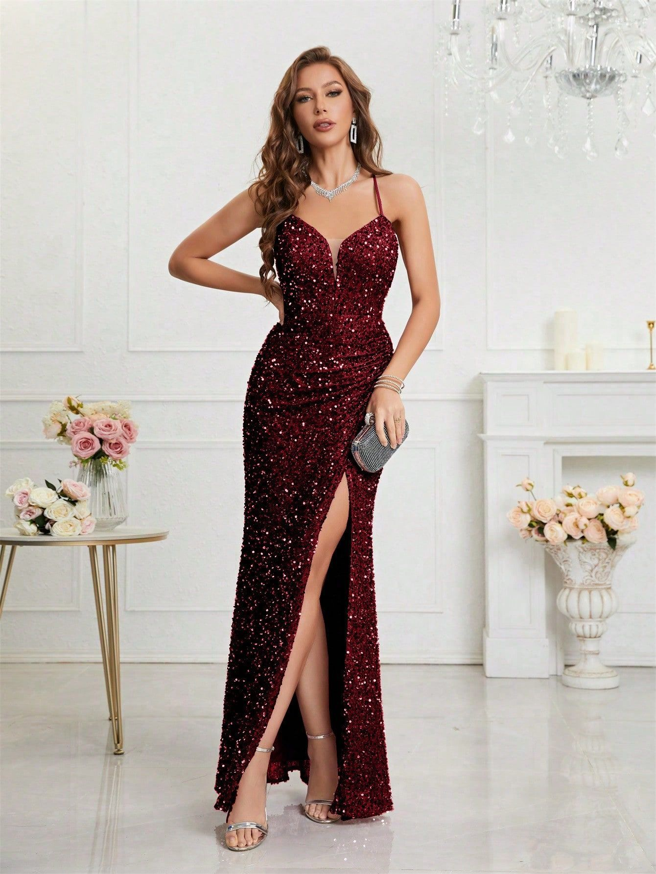 Mermaid V-neck Sparkly Velvet Sequin Backless Prom Dress