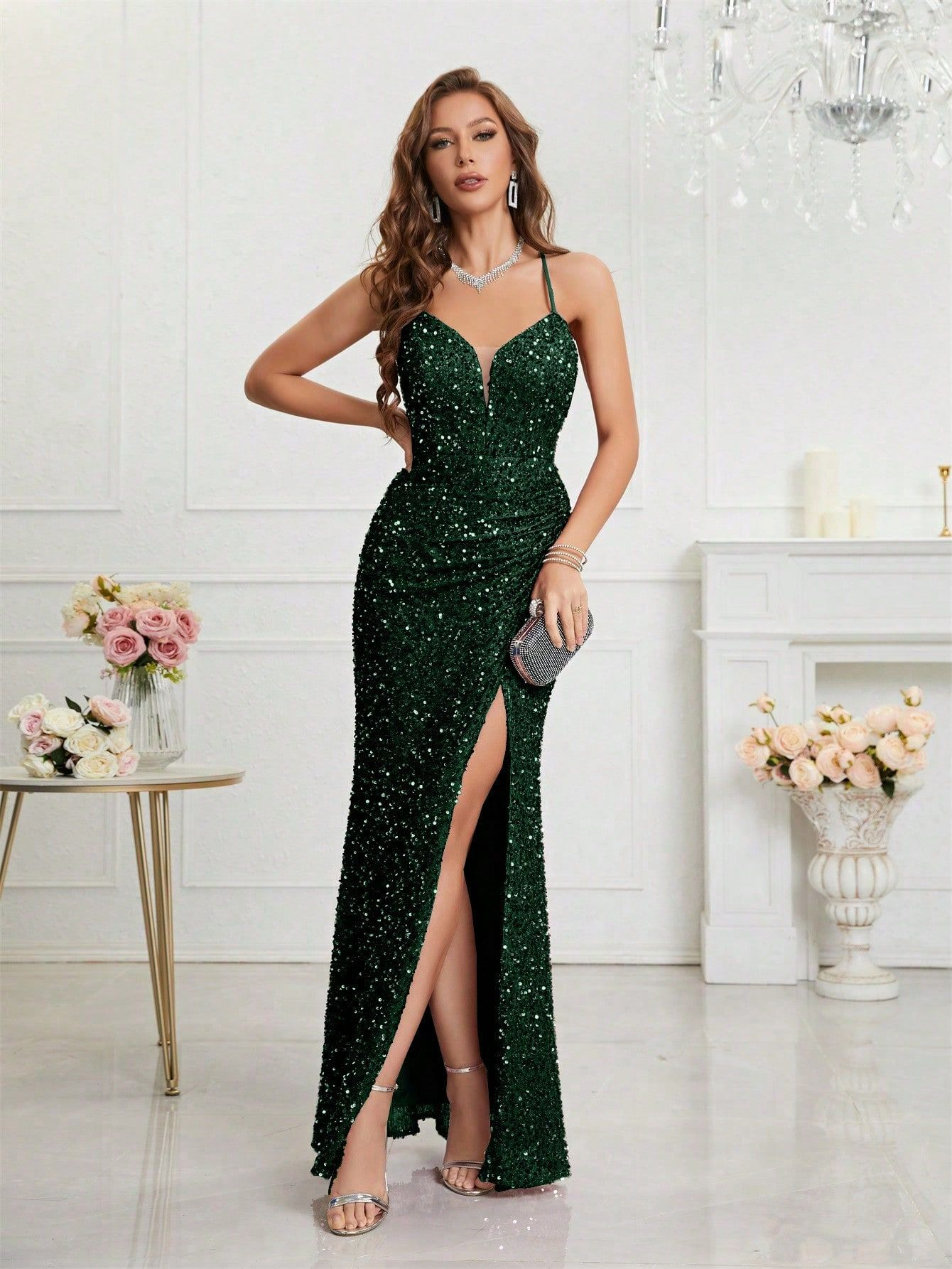 Mermaid V-neck Sparkly Velvet Sequin Backless Prom Dress