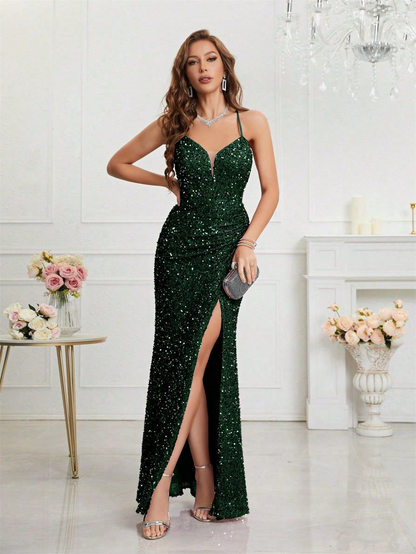 Mermaid V-neck Sparkly Velvet Sequin Backless Prom Dress