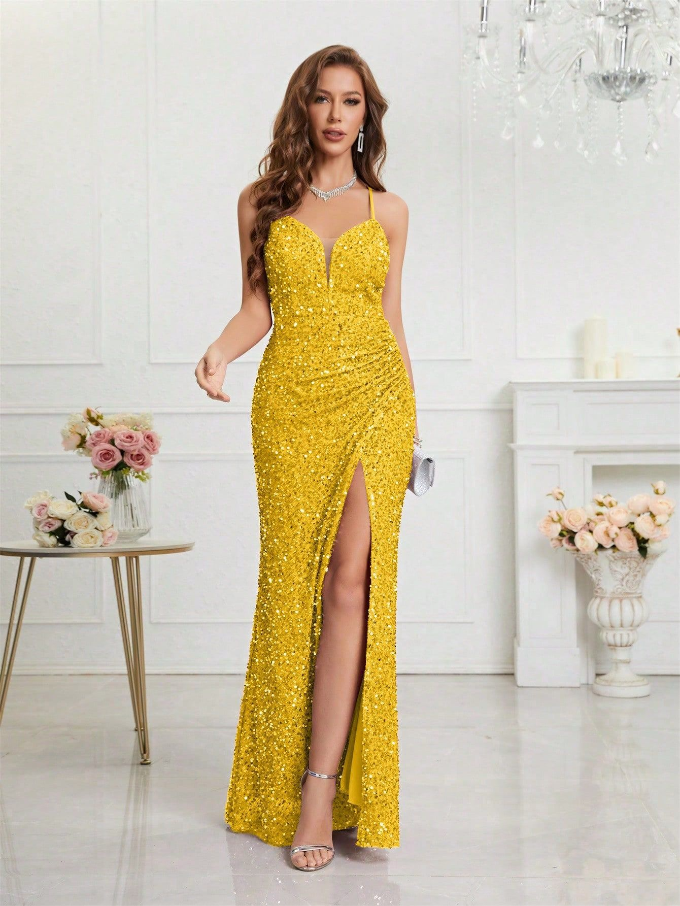 Mermaid V-neck Sparkly Velvet Sequin Backless Prom Dress
